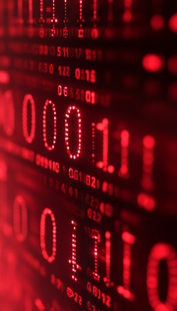 Red Binary Code Data Stream. Digital Technology Background. 0, 1 Numbers. Matrix Style.の素材