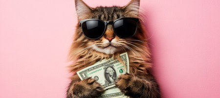 Cool Rich Cat Wearing Sunglasses Holding Cash Money Isolated Over Pastel Pink Backgroundの素材