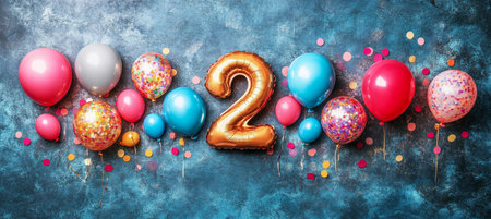 Golden 2 Celebration Balloon And Many Colorful Balloons As Decoration For 2-nd Birthday Partyの素材