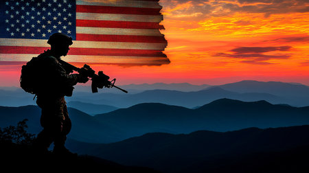Silhouette of American Soldier with USA Flag against a Mountain Sunrise for Veterans Dayの素材