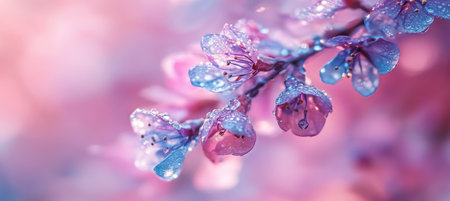 Macro of Pink Spring Blossom Flowers with Water Droplets, Selective Focus with Delicate, Dreamy Feelの素材