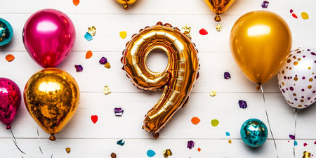 Golden Number 9 Balloon, Colorful Balloons, and Festive Confetti on White Wooden Backgroundの素材