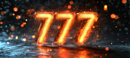 Glowing Digital 3D Number 777 on Abstract Background, Futuristic Style, with Reflections.の素材
