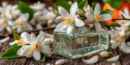 Neroli Essential Oil with Orange Blossoms, Green Leaves Presented on Rustic Wooden Surfaceの素材