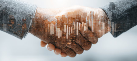 Business Partnership Handshake Symbolizing Growth, Teamwork, and Corporate Success in a Modern Cityの素材
