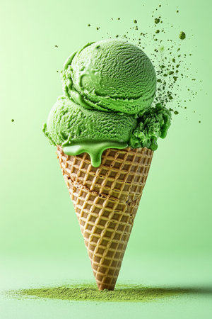 Two Scoops of Green Tea Ice Cream Melting in Waffle Cone on Pale Green Background, Matcha Powderの素材