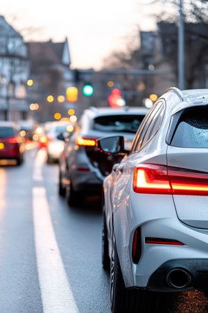 White car in city rush hour traffic jam on a multi-lane street, urban commute concept.の素材