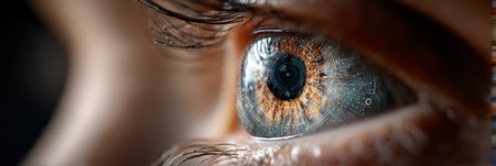 Illuminated Human Eye with Futuristic Digital Overlay, Ethics of Artificial Intelligence Concept.の素材