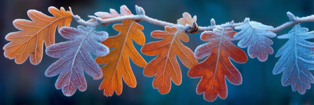 Frost-Covered Oak Leaves Vibrant Colors of Autumn and Winter, Close Up, Bokeh Backgroundの素材