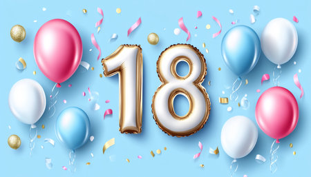 Golden Number 18 Balloons with Festive Balloons, Confetti, and Ribbons on a Blue Backgroundの素材
