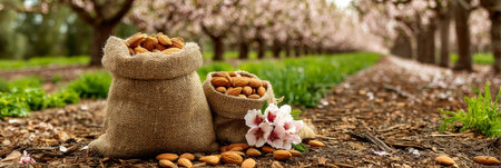 Organic Almonds in Burlap Sacks, with Spring Blossoms and an Almond Orchard Backgroundの素材