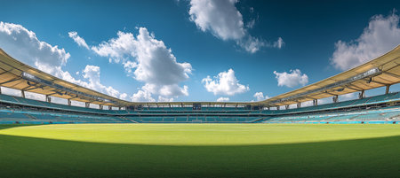 Panoramic View of a Professional Soccer Stadium With Green Grass and Blue Sunny Sky in the Daytimeの素材