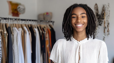 Portrait Of A Confident, Young Black Woman Smiling In Her Clothing Boutique With Camera Focusの素材