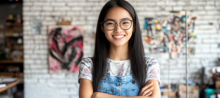 Confident Young Woman, Artistic Studio, Natural Light, White Brick, Contemporary Portrait, Creativeの素材
