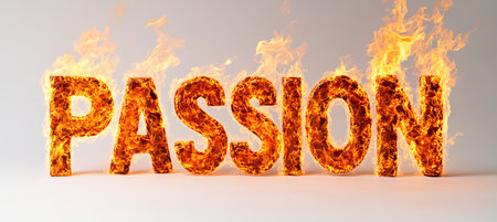 Burning Passion Fiery Letters Spell Out Passion with Intensity and Drive on a White Backgroundの素材