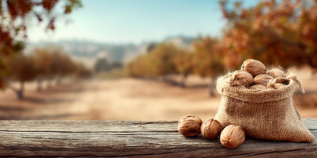 Freshly Harvested Walnuts In A Burlap Sack On A Wooden Table, Autumnal Orchard Backgroundの素材