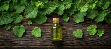 Glass Bottle Of Essential Oil With Fresh Lemon Balm Leaves On Rustic Wooden Backgroundの素材