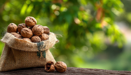 Freshly Harvested Walnuts in Burlap Sack, Organic Farming and Healthy Eating Concept, Copy Spaceの素材