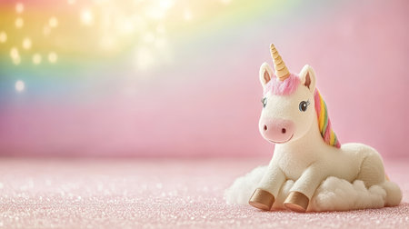 Whimsical Unicorn on Cloud, Pastel Rainbow Background, Fantasy Scene with Sparkling Starsの素材