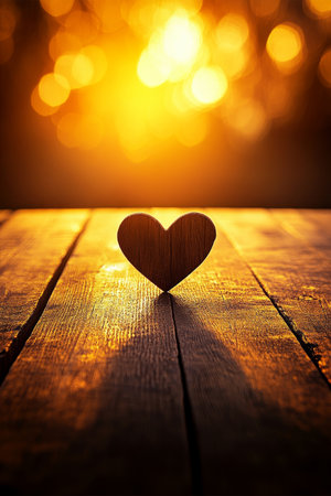 Wooden Heart On Rustic Table Against Golden Sunset, Love, Romance, Or Valentine s Day Conceptの素材