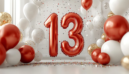 Red Number 13 Balloon with Festive Balloons and Confetti, Perfect for Thirteenth Birthdaysの素材