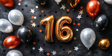 Sweet Sixteen Celebration Golden Number 16 Foil Balloon with Festive Balloons and Confettiの素材