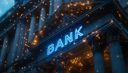 Blue Neon Bank Sign on Abstract Background, Concept of Finance, Technology, and Modern Bankingの素材