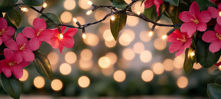 Pink Spring Flowers and Warm String Lights Create a Magical Bokeh Background for Spring or Summerの素材
