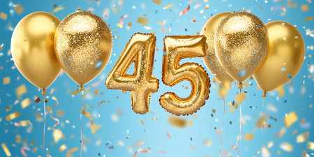 Golden 45th Birthday Celebration Number Balloons, Confetti, and a Cheerful Atmosphereの素材