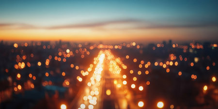 Golden Hour Cityscape Defocused Warm Sunset Glow, Evening Traffic Lights Blurred Bokeh Effectの素材