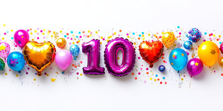 Festive Celebration With Number 10 Balloons, Confetti, And Colorful Balloons On White Backgroundの素材