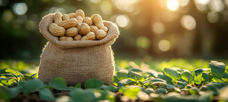 Burlap Sack Overflowing With Fresh Peanuts in Field, Advertising Background with Copy Spaceの素材
