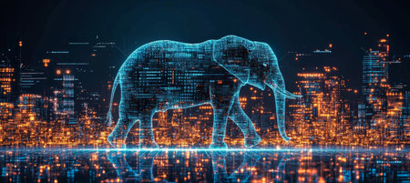 Holographic Elephant Against Futuristic City Skyline Illustrating Technological Advancementsの素材