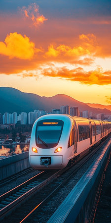 High-Speed Train at Sunset, Cityscape Background, Railway, Transportation, Technology.の素材