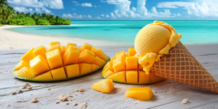 Tropical Paradise Mango Ice Cream Cone and Fresh Mango Slices on a Sunny Beach with Palm Treesの素材