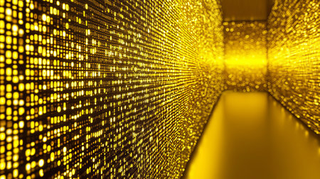Golden Corridor, Visualization, Abstract Background with Dynamic Flow of One, Zero Numbersの素材