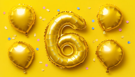 Golden Number 6 Balloon, Surrounded By Festive Balloons And Confetti, On A Bright Yellow Backgroundの素材