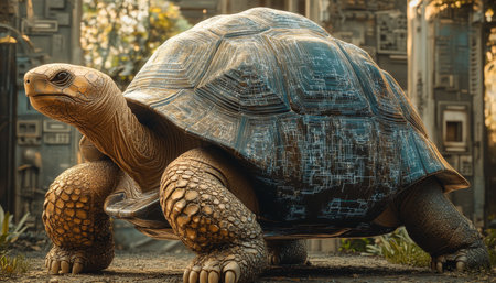 Giant Tortoise with Futuristic Blue Shell in Architectural Ruins, Technology and Natureの素材