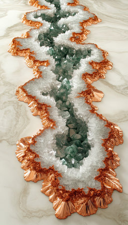 Ivory And Copper Abstract Crystallized River Resin Art With Green, Gray And White Geodeの素材