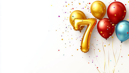 Golden Number 7 Balloon with Colorful Balloons, Confetti for 7th Birthday Celebrationの素材