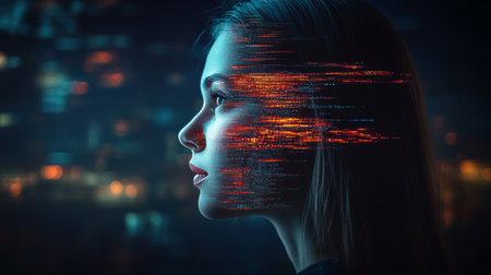 AI and Marketing Woman s Face Merging with Data Streams, Symbolic of Data-Driven Strategies.の素材