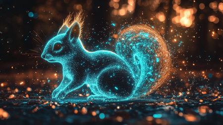 Glowing Blue Holographic Squirrel with Vibrant Orange Tail, Detailed Digital Art Renderの素材