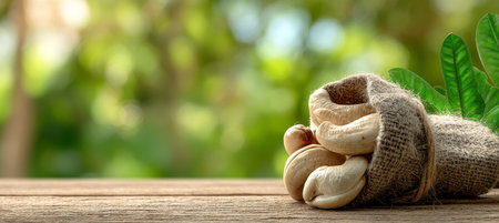 Organic Cashew Nuts in Burlap Sack on Wooden Surface, with Blurred Green Nature Backgroundの素材