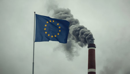 European Union Flag and Industrial Pollution Symbolic Image of CO2 Emission Concernsの素材