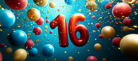 Golden Number 16 Balloon Surrounded By Colorful Balloons and Conffeti on a Blue Backgroundの素材