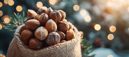 Burlap Sack Overflowing With Shelled Pine Nuts, Christmas Lights Twinkling Backgroundの素材