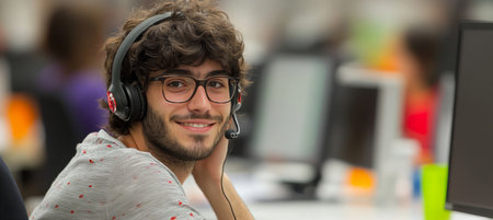 Cheerful young businessman wearing a headset, focused on work in a bustling open-office environment.の素材