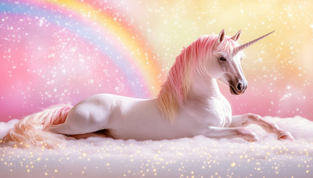 Magical Unicorn Resting on a Cloud, Pastel Rainbow Fantasy Scene with Sparkling Starsの素材