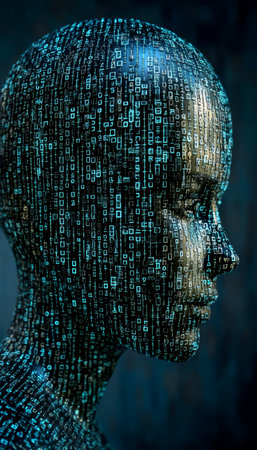 Double Exposure Portrait of Young Adult With Binary Data Overlay, Concept of Coding, Hacking and AIの素材