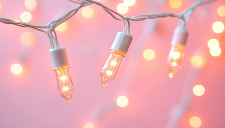 Romantic Glowing Fairy Lights on Trendy Pastel Pink Background, Celebration Backdrop Holiday Conceptの素材